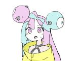  1girl blue_hair blush bow-shaped_hair character_hair_ornament fusazakura grey_shirt hair_ornament iono_(pokemon) jacket long_hair looking_at_viewer multicolored_hair open_mouth oversized_clothes pink_eyes pink_hair pokemon pokemon_(game) pokemon_sv sharp_teeth shirt simple_background sketch sleeveless sleeveless_shirt solo sweatdrop teeth two-tone_hair upper_teeth_only white_background yellow_jacket 