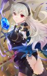  1girl armor ass black_hairband black_panties black_thighhighs blue_cape breasts cape cleavage corrin_(female)_(fire_emblem) corrin_(fire_emblem) dragonstone fire_emblem fire_emblem_fates fire_emblem_heroes hair_ornament hairband highres holding holding_sword holding_weapon large_breasts long_hair looking_at_viewer looking_to_the_side official_alternate_costume outstretched_arm panties pointy_ears reaching reaching_towards_viewer red_eyes sakura_no_yoru simple_background solo sword thighhighs underwear weapon white_hair yato_(fire_emblem) 