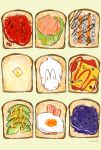  avocado bacon blueberry butter cheese closed_eyes cream egg_(food) food food_focus fruit ham highres jam ketchup koming_(53nty) lettuce no_humans orange_(fruit) orange_slice original rabbit simple_background sleeping toast white_background white_rabbit_(animal) 