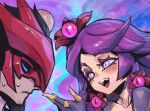  1boy 1girl :d blue_background blush closed_mouth collarbone colored_skin extra_eyes frown green_skin helmet league_of_legends lillia_(league_of_legends) long_hair looking_at_another multicolored_background phantom_ix_row pink_eyes profile purple_background purple_hair purple_skin sharp_teeth smile sweat teeth upper_teeth_only void_(league_of_legends) yone_(league_of_legends) 