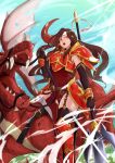  1girl altena_(fire_emblem) brown_hair dragon_riding fire_emblem fire_emblem:_genealogy_of_the_holy_war hairband highres holding holding_polearm holding_weapon open_mouth polearm red_armor solo thighhighs vialnite weapon white_hairband 