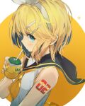  1girl absurdres arm_tattoo blonde_hair commentary drinking hair_ornament hairband hairpin highres kagamine_rin looking_at_viewer looking_to_the_side mihoranran nail_polish orange_juice ribbon sailor_collar short_hair simple_background solo symbol-only_commentary tattoo upper_body vocaloid white_hairband white_ribbon yellow_nails 