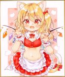  animal_ears apron bell blonde_hair bow cat_ears cat_girl cat_tail fangs flandre_scarlet frilled_skirt frills mimi_(mimi_puru) navel open_mouth red_eyes skirt tail tail_bell tail_bow tail_ornament touhou white_apron wings 
