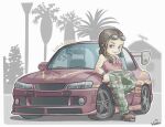  1girl animification artist_name black_footwear boots breasts brown_eyes brown_hair camouflage camouflage_pants car chibi goggles goggles_on_head green_pants letty_ortiz looking_to_the_side medium_breasts medium_hair midriff_peek motor_vehicle navel nissan nissan_s14_silvia nissan_silvia palm_tree pants rabienu red_tank_top shadow smile spoiler_(automobile) sports_car tank_top the_fast_and_the_furious the_fast_and_the_furious_1 tree vehicle_focus wristband 