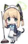  1girl :o animal_ear_headphones animal_ears apron bell_(oppore_coppore) black_dress black_footwear blonde_hair blue_archive blue_bow blush bow broom bucket chibi commentary_request dress fake_animal_ears frilled_apron frilled_dress frills full_body green_eyes hair_bow headphones highres holding holding_broom holding_bucket long_sleeves looking_at_viewer maid maid_apron maid_headdress midori_(blue_archive) midori_(maid)_(blue_archive) pantyhose parted_lips puffy_long_sleeves puffy_sleeves shoes sidelocks simple_background solo standing twintails white_background white_pantyhose 
