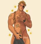  1boy artist_name bara blonde_hair blush closed_mouth completely_nude covering_crotch covering_privates dilfborne_(ventiskull) eyepatch highres holding jujutsu_kaisen large_pectorals male_focus male_pubic_hair muscular muscular_male nanami_kento navel necktie nipples nude one_eye_covered pectorals penis pubic_hair short_hair solo undone_necktie watch wristwatch 