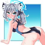 1girl all_fours animal_ear_fluff animal_ears black_one-piece_swimsuit blue_archive blue_eyes blush breasts competition_swimsuit cross_hair_ornament extra_ears grey_hair hair_ornament halo highres low_ponytail medium_breasts medium_hair mismatched_pupils multicolored_clothes multicolored_swimsuit nose_blush official_alternate_costume one-piece_swimsuit shiroko_(blue_archive) shiroko_(swimsuit)_(blue_archive) solo swallow_leftyp swimsuit wolf_ears 