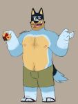  absurd_res anthro bandit_heeler black_body black_fur blue_body blue_fur bluey_(series) body_hair bottomwear brown_background brown_bottomwear brown_clothing brown_pants canid canine canis chest_hair claws clothed clothing cookie domestic_dog food footwear fur hi_res holding_cookie holding_food holding_object male mammal nardodraws navel nipples open_mouth pants sandals simple_background smile solo stubble tan_body tan_fur teeth_showing tongue_showing topless 