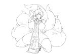  1girl absurdres animal_ears breasts commentary fox_ears fox_girl fox_shadow_puppet fox_tail full_body greyscale highres kitsune kneeling large_breasts looking_at_viewer monochrome multiple_tails naked_tabard nipples parted_lips short_hair shuchuu_(sake_bug) solo tabard tail thighhighs touhou yakumo_ran 