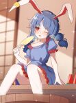  1girl absurdres animal_ears artist_name blue_dress blue_hair bucket dress earclip ekisutora feet_out_of_frame hand_fan highres holding holding_fan long_hair one-hour_drawing_challenge one_eye_closed paper_fan rabbit_ears red_eyes seiran_(touhou) short_sleeves signature sitting solo tongue tongue_out touhou uchiwa 