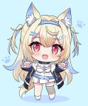  1girl adju_ster animal_ear_fluff animal_ears bandaid_hair_ornament belt black_collar black_jacket blonde_hair blue_background blue_belt blue_hair blue_hairband blush chibi collar dog_girl dress fake_horns fang full_body fur-trimmed_jacket fur_trim fuwawa_abyssgard hair_ornament hairband hairpin hands_up hololive hololive_english horns jacket long_sleeves looking_at_viewer multicolored_hair open_clothes open_jacket open_mouth paw_print paw_print_background red_eyes simple_background single_thighhigh smile solo standing streaked_hair thighhighs two_side_up virtual_youtuber white_dress 
