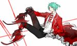  1boy amputee axe blue_hair bow bowtie coat collared_shirt double_amputee e.g.o_(project_moon) employee_(lobotomy_corporation) frilled_coat high_ponytail legless_amputee legs_up lobotomy_corporation looking_at_viewer male_focus monocle nishikujic project_moon red_bow red_bowtie red_coat red_eyes running_blades shirt short_ponytail simple_background sitting solo vest white_background white_shirt white_vest 