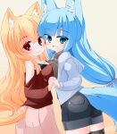  2girls animal_ear_fluff animal_ears ass bare_shoulders black_shorts black_thighhighs blonde_hair blue_eyes blue_hair blush breast_press breasts cat_ears cat_girl cat_tail closed_mouth commentary_request fox_ears fox_girl fox_tail grey_background grey_jacket grey_sweater grin hair_between_eyes holding_hands hood hood_down hooded_jacket interlocked_fingers jacket kanijiru large_breasts long_hair multiple_girls off-shoulder_shirt off_shoulder original pink_skirt red_eyes red_shirt ribbed_sweater shirt short_shorts shorts simple_background skirt smile sweater symmetrical_docking tail thighhighs turtleneck turtleneck_sweater very_long_hair 