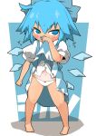  1girl background_text barefoot blue_bow blue_dress blue_eyes blue_hair bow bow_panties character_name cirno clenched_hand clothes_lift dress dress_lift full_body hair_bow ice ice_wings lifted_by_self looking_at_viewer medium_dress motion_lines navel one-piece_tan panties puffy_short_sleeves puffy_sleeves shadow shirt short_hair short_sleeves solo standing sweat tan tanlines touhou translated twitter_username underwear white_panties white_shirt wings wiping_face wiping_sweat zannen_na_hito 