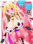  1girl animal_ears bell bikini bikini_under_clothes blonde_hair blush breasts chinese_zodiac choker cleavage colored_eyelashes cow_ears cow_girl cow_horns cow_tail cowbell demon_girl fang gradient_hair hagoita happy_new_year highres horns large_breasts long_pointy_ears miu_(pixiv164563) multicolored_hair neck_bell open_mouth oppai_loli original paddle paintbrush pointy_ears purple_eyes purple_hair smile solo swimsuit tail tally wide_sleeves year_of_the_ox 