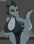  anthro bea_santello biped blue_body blush breasts cleavage clothed clothing cooliehigh crocodile crocodilian crocodylid dress female hi_res looking_at_viewer night_in_the_woods red_eyes reptile scalie simple_background solo tail yellow_sclera 