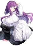  1girl black_coat blunt_bangs blush breasts coat dress fern_(sousou_no_frieren) highres large_breasts long_hair long_sleeves looking_at_viewer off_shoulder open_clothes open_coat purple_eyes purple_hair ririko_(zhuoyandesailaer) sidelocks solo sousou_no_frieren thighs white_dress 