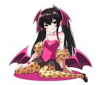  1girl :q absurdres animal_print bare_shoulders black_hair collarbone commentary_request demon_wings flat_chest fur_armlet head_wings highres idolmaster idolmaster_cinderella_girls idolmaster_cinderella_girls_u149 leopard_print long_hair looking_at_viewer matoba_risa pantyhose print_pantyhose roccamoya solo tongue tongue_out twintails wings wristband yellow_eyes 