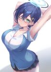  1girl absurdres arms_up blue_archive blue_cardigan blue_hair breasts cardigan chihiro_(blue_archive) cleavage glasses green_eyes halo highres large_breasts neko_punch_(user_hddm3373) one_eye_closed pleated_skirt shirt skirt stretching white_shirt 