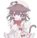  1girl absurdres ahoge angel_wings animal_ear_fluff animal_ears animal_hands apron blush_stickers bow bowtie brown_hair cat_ears cat_girl cat_paws cat_tail daizu_(melon-lemon) dress extra_ears fish fish_bone fish_hair_ornament frilled_apron frills gingham_bow gingham_dress gloves hair_between_eyes hair_ornament hair_ribbon hat heart heart_ahoge highres looking_at_viewer maid_apron medium_hair mini_wings mouth_hold no_nose original paw_gloves puffy_short_sleeves puffy_sleeves red_bow red_bowtie red_dress red_eyes red_ribbon ribbon sailor_hat short_sleeves simple_background solo standing tail transparent_background two_side_up upper_body white_apron white_bow white_headwear wings 