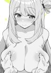  1girl blue_archive blush breast_grab closed_mouth collarbone commentary_request grabbing greyscale halo highres long_hair looking_at_viewer missile_(55missile) monochrome nipples nonomi_(blue_archive) pov simple_background smile solo_focus upper_body white_background 