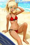  1girl absurdres beach bikini blonde_hair breasts cleavage commission dark-skinned_female dark_skin fate/grand_order fate_(series) green_eyes hand_on_own_head highres knee_up legs looking_at_viewer mordred_(fate) mordred_(swimsuit_rider)_(second_ascension)_(fate) navel ocean open_mouth revenantart sand sitting small_breasts smile solo surfboard swimsuit tan teeth upper_teeth_only 