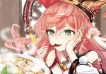  aquact bare_shoulders breasts cleavage commentary_request food genshin_impact green_eyes holding holding_spoon long_hair partial_commentary pink_hair pom_pom_(clothes) red_headwear smile soup spoon upper_body yanfei_(genshin_impact) 
