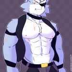  1:1 abs anthro canid canine canis clothed clothing digital_media_(artwork) eyewear fizzyjay fur grey_body hi_res looking_at_viewer male mammal muscular muscular_anthro muscular_male nintendo nipples pecs solo star_fox wolf wolf_o&#039;donnell 