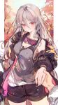  1girl absurdres blush breasts cleavage coat cocoballking commission cowboy_shot earphones fur-trimmed_coat fur_trim girls&#039;_frontline gloves goggles goggles_around_neck grey_hair grey_tank_top highres holding_hands long_hair looking_at_viewer medium_breasts multicolored_hair open_clothes open_coat pixiv_commission pov pov_hands purple_hair shorts single_glove streaked_hair t-cms_(girls&#039;_frontline) tank_top 