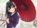  1girl black_hair blush commentary_request day flower hair_flower hair_ornament highres japanese_clothes kimono long_hair official_art oil-paper_umbrella original outdoors pokachu purple_eyes purple_kimono red_umbrella smile umbrella upper_body wide_sleeves 