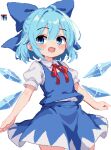  1girl 999_(hansode) blue_bow blue_eyes blue_hair blush bow cirno fairy hair_between_eyes hair_bow ice ice_wings open_mouth pixel_art short_hair simple_background smile solo touhou white_background wings 