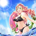  1girl bikini black_bikini blue_sky braid breasts gradient_hair green_eyes green_hair hana_ni_nare holding holding_innertube innertube kanroji_mitsuri kimetsu_no_yaiba large_breasts long_hair mole mole_under_eye multicolored_hair navel pink_hair pink_innertube sky smile solo stomach sun swimsuit 