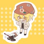  1girl artist_request blonde_hair brown_footwear collared_shirt cup don_quixote_(limbus_company) drink drinking_straw hat highres jacket limbus_company open_clothes open_jacket project_moon shirt shoes short_hair shorts socks solo solo_focus spill star_(symbol) sticker vest yellow_eyes 