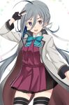  1girl :d ahoge blue_bow blue_bowtie bow bowtie cowboy_shot dress grey_eyes grey_hair grey_jacket hair_between_eyes highres jacket kantai_collection kiyoshimo_(kancolle) kiyoshimo_kai_ni_(kancolle) kotou_yogen long_hair long_sleeves looking_at_viewer low_twintails purple_dress purple_eyes ribbon school_uniform smile solo thighhighs twintails v very_long_hair white_ribbon 