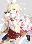  1girl 2023 blonde_hair bow commentary english_commentary flower green_eyes hands_up highres kagamine_rin leaf looking_at_viewer mona0101 one_eye_closed pom_pom_(clothes) project_sekai short_hair snow_rabbit solo thighhighs translation_request vocaloid white_flower 