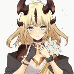  1girl ahoge arknights black_gloves black_jacket blonde_hair blue_eyes breasts brown_shirt closed_mouth dr.lamina dress flower gloves glowing grey_background hands_up horns jacket looking_at_viewer medium_breasts multiple_horns off_shoulder open_clothes open_jacket reed_(arknights) reed_the_flame_shadow_(arknights) shirt simple_background single_glove sleeveless sleeveless_dress solo upper_body white_dress white_flower 