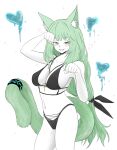  1girl animal_ear_fluff animal_ears arknights bikini black_bikini blue_heart blush breasts cat_ears cat_girl cat_tail cleavage collarbone colored_skin cowboy_shot dokonjou_(odossan) green_eyes green_hair harmonie_(arknights) highres infection_monitor_(arknights) long_hair looking_at_viewer low-tied_long_hair navel necklace_between_breasts simple_background solo swimsuit tail tail_ornament tail_ring very_long_hair white_background white_skin 