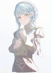  1girl bangs blue_hair blunt_bangs braid brown_eyes buttons closed_mouth commentary crown_braid fire_emblem fire_emblem:_three_houses garreg_mach_monastery_uniform highres juliet_sleeves long_sleeves looking_at_viewer marianne_von_edmund mo._(ntra5332) puffy_sleeves short_hair short_hair_with_long_locks sidelocks simple_background solo uniform white_background 