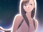  1girl bare_shoulders black_hair closed_mouth collarbone commentary_request earrings final_fantasy final_fantasy_vii hair_behind_ear hair_between_eyes highres jewelry long_hair looking_at_viewer low-tied_long_hair moonlight muraillust night night_sky outdoors red_eyes single_earring single_sidelock sky smile solo star_(sky) starry_sky suspenders swept_bangs tank_top teardrop_earring tifa_lockhart upper_body white_tank_top 