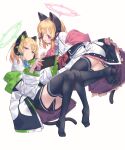  2girls animal_ear_headphones animal_ears blonde_hair blue_archive blue_necktie blush bow cat_ear_headphones cat_ears cat_tail cellphone controller fake_animal_ears game_controller green_eyes hair_bow halo hand_on_headphones handheld_game_console headphones headphones_around_neck headset highres holding holding_handheld_game_console holding_phone jacket long_hair long_sleeves looking_at_another midori_(blue_archive) momoi_(blue_archive) multiple_girls necktie nintendo_switch no_shoes off_shoulder open_mouth phone playing_games robot_ears shirt siblings sisters smartphone tail thighhighs twins white_jacket white_shirt yoshida_pino 