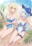  2girls absurdres ahoge bare_arms bare_shoulders beach blonde_hair blue_bow blue_eyes blue_hair blue_headwear blue_one-piece_swimsuit bow braid breasts cleavage commentary cup drinking_glass feet_out_of_frame flower furina_(genshin_impact) genshin_impact hair_flower hair_ornament hat hat_bow highres holding holding_cup large_breasts long_hair looking_at_viewer lumine_(genshin_impact) multiple_girls ocean one-piece_swimsuit quinny_il sitting smile strapless_one-piece_swimsuit swimsuit thighs twin_braids very_long_hair water white_flower yellow_eyes 
