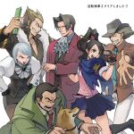  2girls 4boys ace_attorney ace_attorney_investigations ascot black_gloves black_hair black_skirt black_vest blonde_hair blue_eyes blue_hair brown_hair closed_eyes closed_mouth coat coffee_beans_(5offee8eans) collared_shirt dick_gumshoe dog earrings facial_hair formal franziska_von_karma frown fur_trim gloves green_coat green_eyes grey_hair grey_shirt hair_intakes hair_ornament hands_on_hips hat high_ponytail jacket jewelry juliet_sleeves karakusa_(pattern) kay_faraday key long_hair long_sleeves looking_at_another miles_edgeworth missile_(ace_attorney) mole mole_under_eye multiple_boys multiple_girls necktie open_mouth pencil_behind_ear pencil_skirt pleated_skirt ponytail puffy_sleeves red_jacket red_suit scarf shi-long_lang shiba_inu shigaraki_tateyuki shirt short_hair simple_background skirt smile standing suit vest white_shirt 