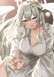  1girl absurdres angel_wings blue_archive blush breasts buttons collared_shirt feathered_wings grey_hair hair_between_eyes halo highres large_breasts long_hair long_sleeves looking_at_viewer nagisa_(blue_archive) open_mouth pink_halo shirt solo white_shirt white_wings wings yamano_rokamizu yellow_eyes 
