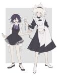  2boys :d absurdres alternate_costume apron black_dress border bow bowtie cake chain crossdressing danganronpa_(series) danganronpa_2:_goodbye_despair danganronpa_v3:_killing_harmony dress enmaided finger_heart flipped_hair food grey_background grey_hair hair_between_eyes highres holding holding_cake holding_food holding_plate juliet_sleeves komaeda_nagito long_sleeves maid maid_apron maid_headdress messy_hair multiple_boys muri_(muriiiimu) oma_kokichi plate puffy_sleeves purple_bow purple_bowtie shoes simple_background smile teeth upper_teeth_only white_apron white_border 