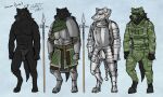  2023 anthro armor black_body black_fur blokfort boots bottomwear canid canine canis clothing footwear fur grey_eyes male mammal medieval_clothing melee_weapon military_clothing military_uniform model_sheet pants polearm simple_background spear standing uniform weapon wolf 