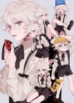  1boy :d aged_down backpack bag black_bag black_bow black_bowtie black_shorts bow bowtie brown_footwear bucket bucket_on_head danganronpa_(series) danganronpa_2:_goodbye_despair hands_up highres holding komaeda_nagito long_sleeves male_focus monigechan multiple_views object_on_head open_mouth overall_shorts overalls shirt shoes shorts smile white_shirt yellow_headwear 