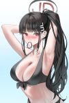  1girl absurdres bikini black_bikini black_hair blue_archive blush breasts cleavage educk hair_ornament hairpin halo highres large_breasts long_hair red_eyes rio_(blue_archive) solo swimsuit upper_body 