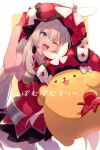  1girl :3 animal blue_eyes commentary_request crossover dog dress echo_(circa) fate/grand_order fate_(series) gloves hair_between_eyes hat large_hat long_hair looking_at_viewer marie_antoinette_(fate) one_eye_closed open_mouth pompompurin red_dress red_gloves red_headwear sanrio sleeveless sleeveless_dress smile teeth thighhighs translation_request twintails twitter_username upper_teeth_only very_long_hair white_hair white_thighhighs 
