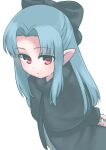  1girl absurdres aqua_hair arms_behind_back black_bow black_capelet bow buttons capelet closed_mouth cowboy_shot expressionless forehead from_above fur-trimmed_capelet fur_trim hair_bow hair_intakes half_updo highres huge_bow len_(tsukihime) long_hair long_sleeves looking_at_viewer looking_up parted_bangs pointy_ears red_eyes sidelocks simple_background solo straight_hair tamura-chan tsukihime white_background 