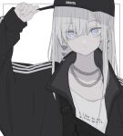  1girl black_border black_headwear blue_eyes border earrings expressionless grey_hair hair_between_eyes hat highres jewelry long_hair looking_at_viewer midou_0r monochrome original pale_skin shirt solo upper_body white_background white_hair 